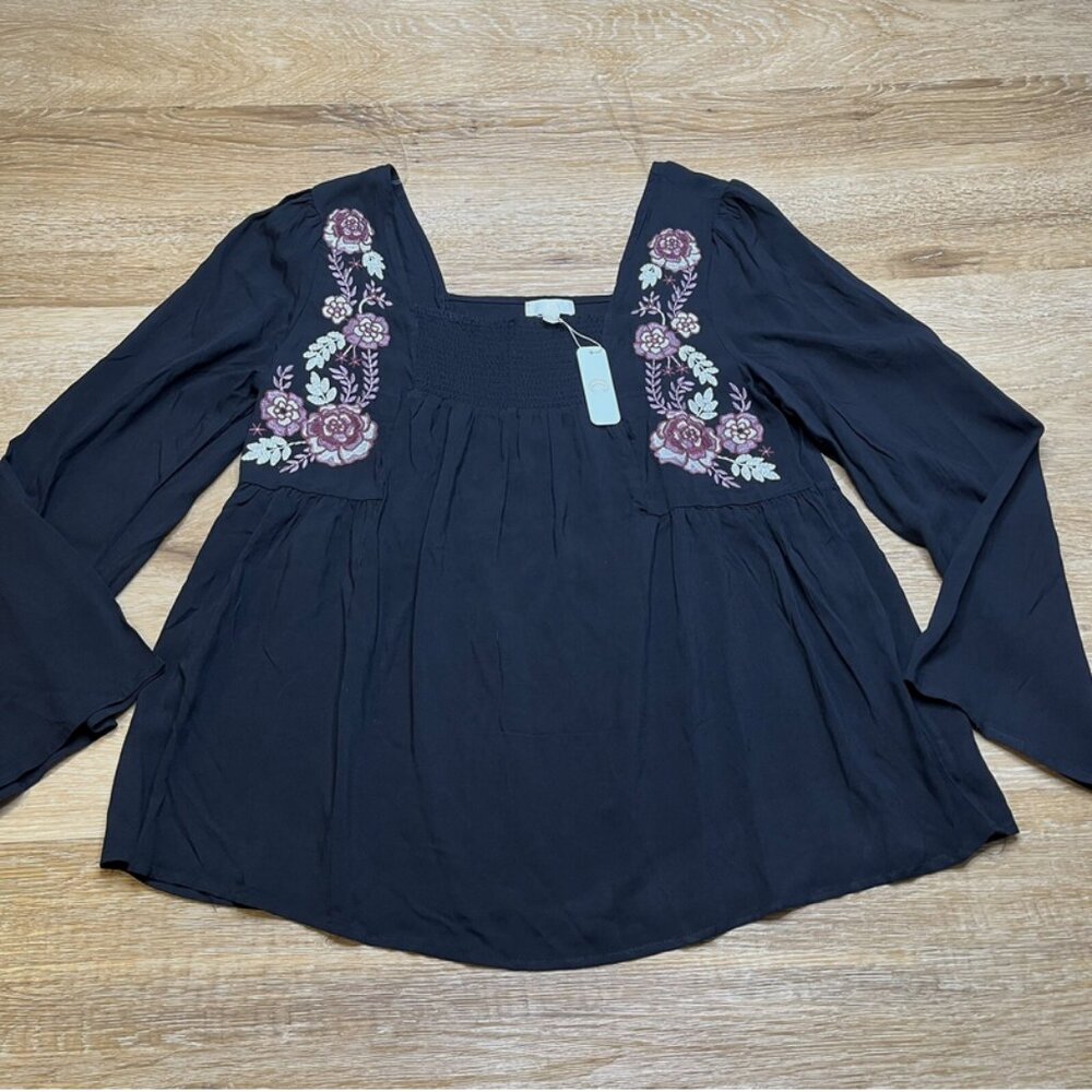 Charming Charlie Black Blouse with Floral Embroidery